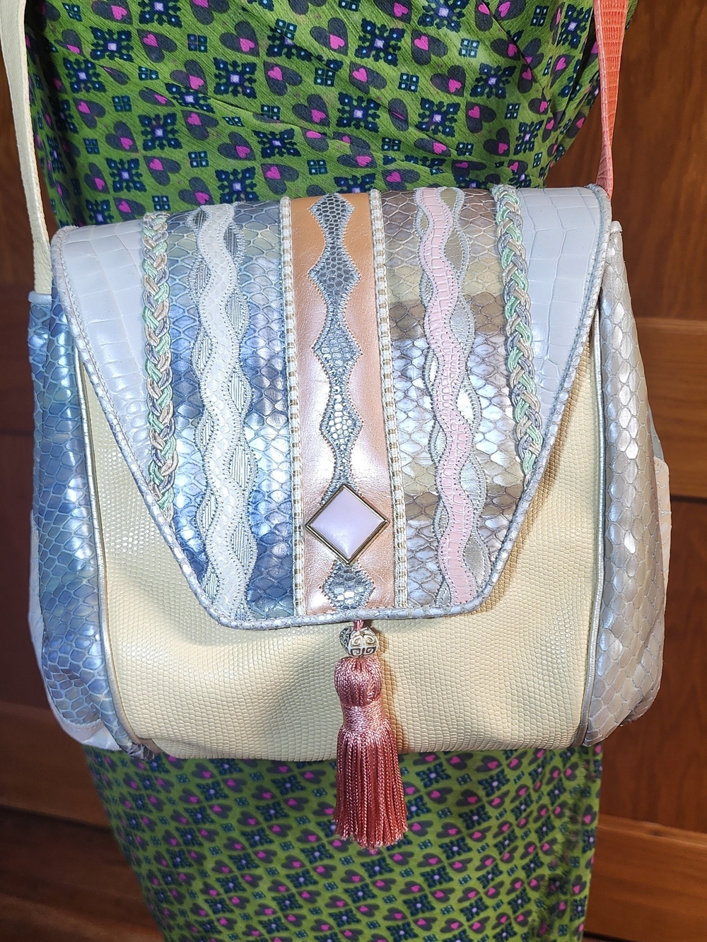 Sharif Multicolor Metallic Cream Pink Accent Crossbody Bag
